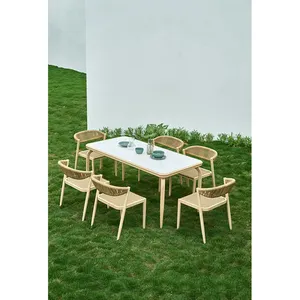 Modern açık Bistro seti halat dokuma alüminyum yemek masası ve 6 sandalye seti bahçe