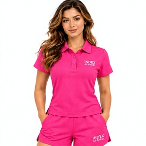 Conjunto de Camiseta Polo y Pantalones Cortos Rosa para Mujer, Manga Corta, Color Sólido, Cuello Camisero, Corte Regular, Primavera Verano - Product Image 1