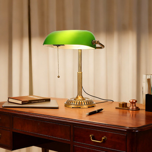 Green Glass Desk <b>Lamp</b> Brass Base Traditional Style Pull Chain Switch <b>Office</b> Library Decor Lighting - Product Image 1