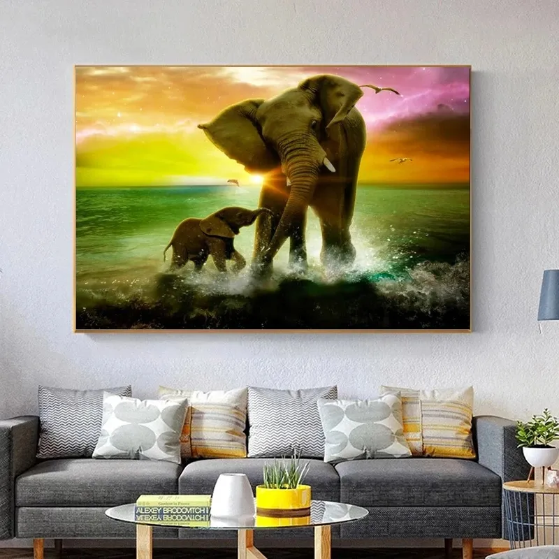 Красочное Искусство животных, слоны, семейная Картина на холсте, печать, настенный плакат, Настенная картина для спальни, Настенный декор Cuadros
