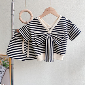 Setelan baju anak perempuan musim panas 2025, baju anak perempuan motif garis-garis, setelan celana pendek 2 potong - Product Image 4