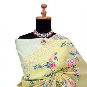 Sari de Seda Amarillo Liso de Boutique India, Satén Banglory, Hermoso Trabajo de Bordado Múltiple, Tradicional para Mujeres, Boda, Fiesta, Novia - Product Image 2