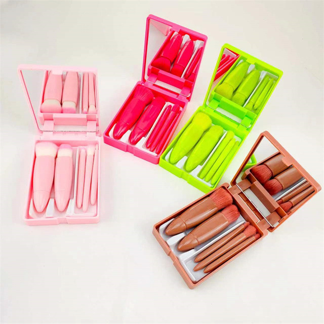 Professional Portable 5pcs Mini Travel-friendly Makeup Brushes Set Custom Logo 4 Colors with Flat Shape Mirror for Face Use