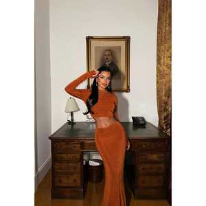 Conjunto de 2 Piezas de Punto Terry Color Bronceado, Estilo Casual para Club, Top y Pantalones Cortos con Patrón Sólido, Talla XL para Otoño - Product Image 1