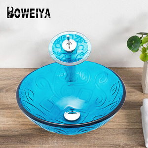 Professional Factory Blue Vintage Antique Bath Lavatory Wash Basin Modern Bathroom Vanity Basin Cabinet Set Glass Bowl Sinks - Product Image 1