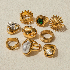 Conjunto de Anillos Yueli con Perlas y Circonitas, Forma Geométrica, Unisex, para Uso Diario, Engaste de Bisel, Joyería de Acero Inoxidable - Product Image 4