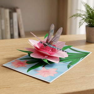 Carte pop-up 3D florale rose avec lys et libellule, artisanat en papier fait main, décoration rectangulaire pour la maison, design découpé, impression offset - Product Image 5