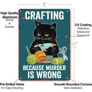 Targa vintage in metallo con scritta "Crafting Because Murder Is Wrong" - Divertente targa con gatto nero |   Arte Decorativa da Parete in Alluminio - Product Image 2
