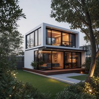 Maison mobile moderne en acier avec balcon extérieur, terrasse sur le toit et spacieuse envergure vitrée
