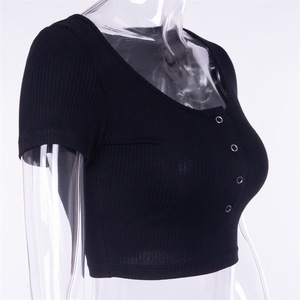 <span class=keywords><strong>Top</strong></span> Corto a Maniche Corte <span class=keywords><strong>con</strong></span> <span class=keywords><strong>Bottoni</strong></span> in 3 Colori, Maglietta Estiva Sexy Elasticizzata in Maglia, Nuovo Design <span class=keywords><strong>con</strong></span> Collo Tondo - Product Image 5