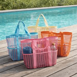 Bolsa de Playa Grande de Malla a Rayas con Bolsillos Laterales para Mujer, Transparente, Antiarena, Ligera y Colorida para el Verano - Product Image 3