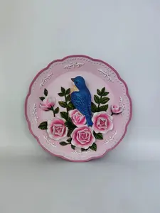 Creative High Quality Blue Bird Pink Flowers Plate With Stand For Home Table Gifts Decoration No Stand