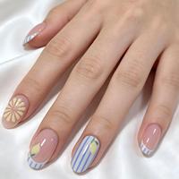 Faux ongles à presser en gros, personnalisés, prêts à l'emploi, à rayures, French Manucure, forme amande, bleu, blanc, motif marguerite citron, brillants