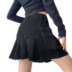 Bán Buôn Vận Chuyển Nhanh Chân Váy Xếp Li Denim Màu Đen Thời Trang Goth Y2K Bền Chắc Cho Nữ