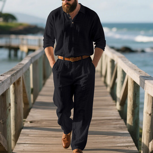 Autunno Casual per il tempo libero quotidiano da <span class=keywords><strong>uomo</strong></span> a maniche lunghe camicia <span class=keywords><strong>e</strong></span> <span class=keywords><strong>pantaloni</strong></span> due pezzi completi <span class=keywords><strong>di</strong></span> <span class=keywords><strong>lino</strong></span> <span class=keywords><strong>di</strong></span> alta qualità - Product Image 4