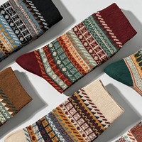 Chaussettes mi-mollet pour hommes, style ethnique vintage, en coton, à double aiguille, sans coutures, motif géométrique, épaisses et chaudes, automne/hiver