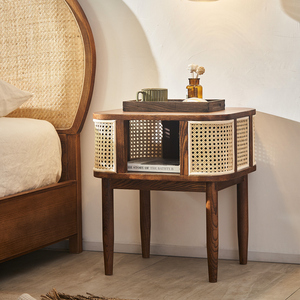 Cadre de <span class=keywords><strong>lit</strong></span> vintage en bois massif et rotin, <span class=keywords><strong>lit</strong></span> plateforme Queen/King style Mid-Century Modern avec tête de <span class=keywords><strong>lit</strong></span> tressée à la main, mobilier de chambre - Product Image 5