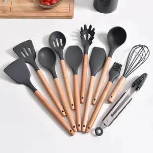 Reusable Adaptive Cooking Skimmer Wood Tools set Pink Accessories Camping 12 Pcs Silicon Kitchen Utensil Set for baking