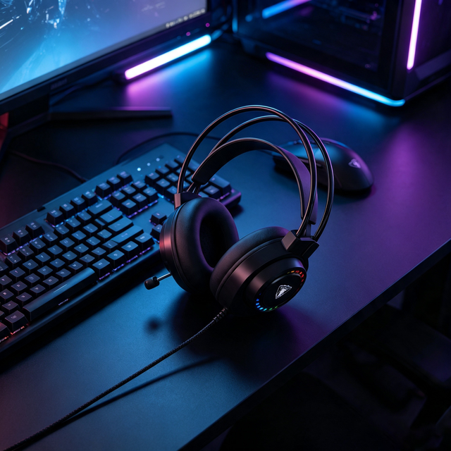 JEDEL GH279 Double Suspension RGB Gaming Headset Over Ear 7.1 Surround Sound Headphones Noise Cancelling Mic Wired Game Headset