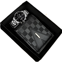 Set Jam Tangan Quartz Pria dan Dompet, Dial Hitam, Kronograf Dekoratif, Sub-dial, Jendela Tanggal, untuk Hadiah Bisnis Korporat