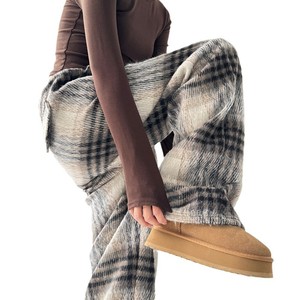 <span class=keywords><strong>Pantalon</strong></span> en laine à carreaux pour <span class=keywords><strong>femme</strong></span>, coupe droite décontractée, taille haute, ample, épaissi, taille élastique, style vintage - Product Image 3