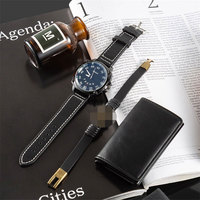 Fashion jam tangan kulit pria, Set hadiah mewah, dompet kulit, jam tangan Quartz, Set gelang