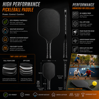Raquette de pickleball avec poignée en cuir, corps large, noyau en nid d'abeille, forme allongée, noyau de propulsion robuste, carbone 3K
