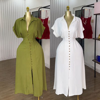 Robe Chemise Décontractée Tendance SU72257 pour Femme, Élégante, Col Rabattu, Manches Courtes, Boutonnage Simple, Taille Cintrée, Idéale pour l'Été
