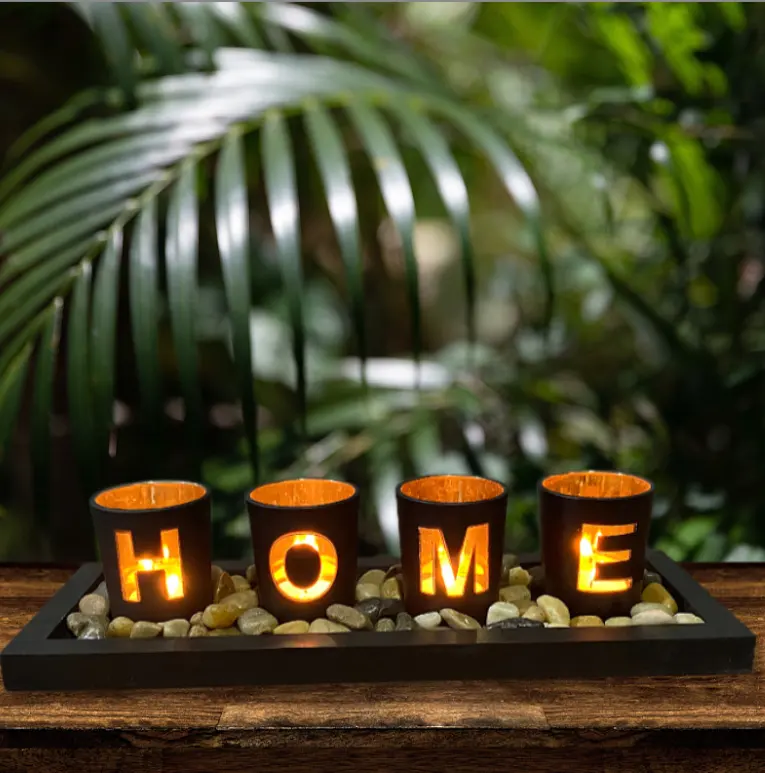 Castiçal oco de folha de bordo, conjunto de madeira com letras criativas, decoração de vidro para velas de madeira