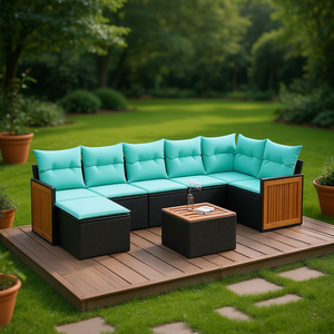 8 Piece Black Poly <b>Rattan</b> Garden <b>Sofa</b> Set With Cushions Outdoor Furniture Contemporary Design Teak Wood Panels - Product Image 2