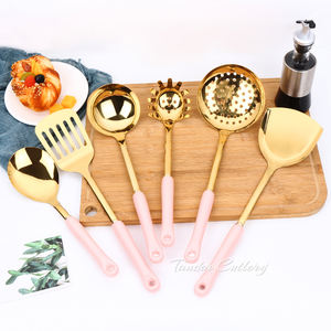 طقم أدوات طبخ ومطبخ ذهبي من 6 قطع بمقابض سيراميك جديدة، مجموعة أواني من الفولاذ المقاوم للصدأ، أدوات منزلية - Product Image 5