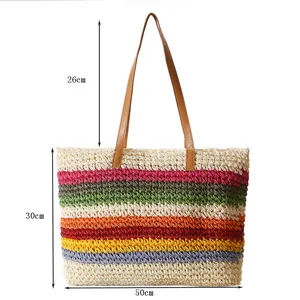 Rainbow Colorful Stripe Straw Bag Summer Beach Eco Friendly Handmade Tote Bag Designer Wallet Bags