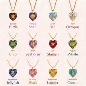 Collar con Colgante <span class=keywords><strong>de</strong></span> Corazón <span class=keywords><strong>de</strong></span> Cristal con 12 Piedras <span class=keywords><strong>de</strong></span> Nacimiento, Mini Animal Marino, <span class=keywords><strong>Cadena</strong></span> Delgada Dorada para Mujer, Joyería con Tema Oceánico para Cumpleaños - Product Image 2