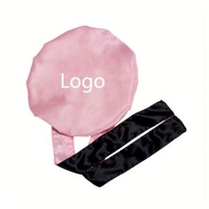 Bonnet de nuit long double couche pour femme avec logo personnalisé, en satin réversible avec bande à nouer - Product Image 1