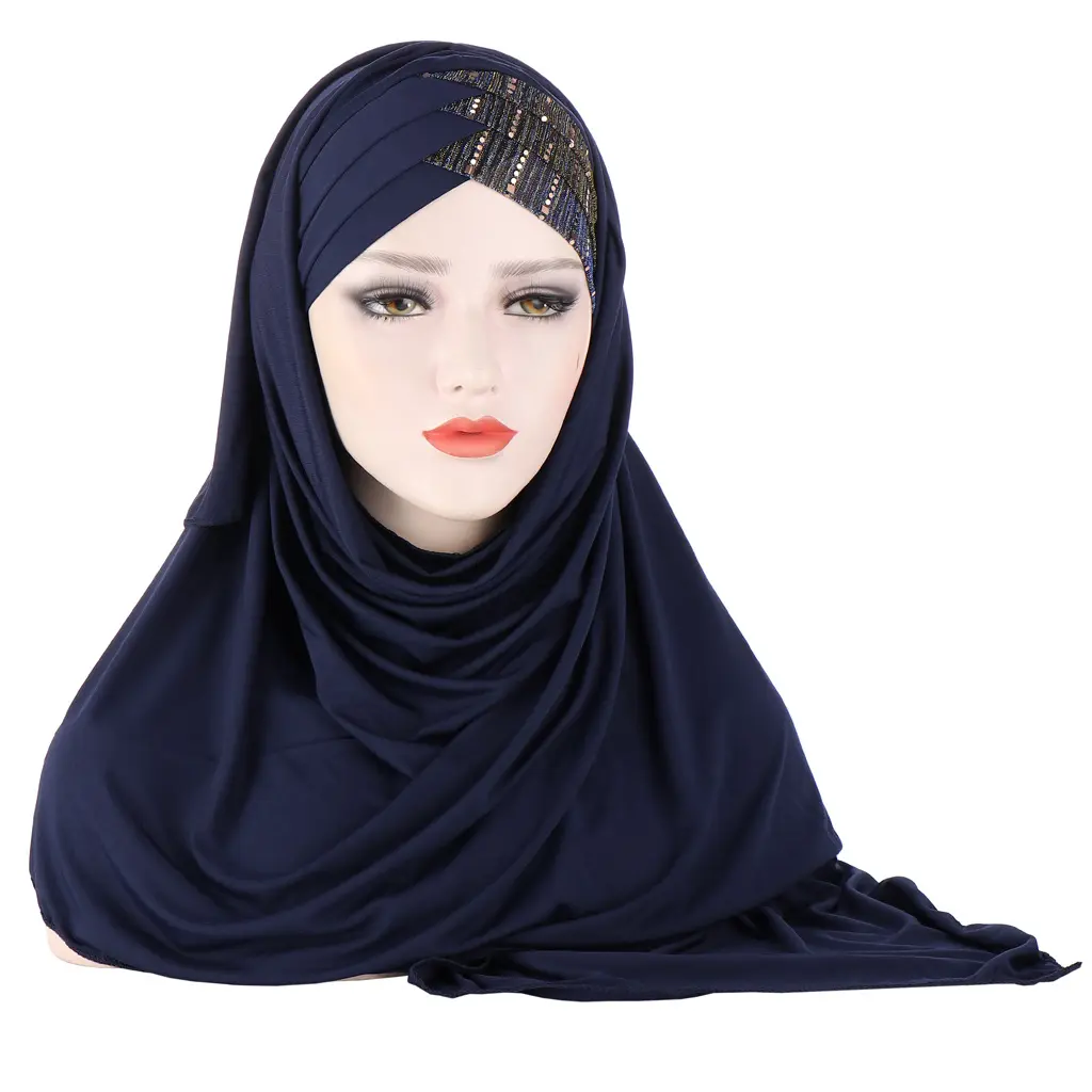 HOT sale women hijabs forehead bright silk patchwork milk silk scarf hat two-piece set soft comfortable Muslim headscarf