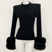 Pull en cachemire tricoté pour femme, coupe ajustée, col roulé, avec deux rangées de poignets en vraie fourrure de renard, mode automne-hiver