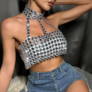 SA034 Blink Crystal Gem Bra Chain Top Sexy Woman Diamond Halter Backless Crop Top For Night Gown Party Wear