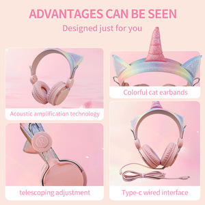 Casque filaire mignon 85db pour enfants Casque filaire stéréo Oreille de chat Licorne Rose Fille Bandeau Filles Enfants Casque pour filles - Product Image 3