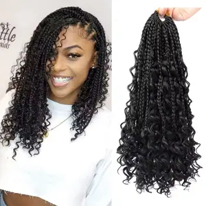 Wholesale Goddess Locs Messy Box Braids Crochet Bohemian Hair With Curly Ombre Burgundy Pre-Looped Boho River Box Braided