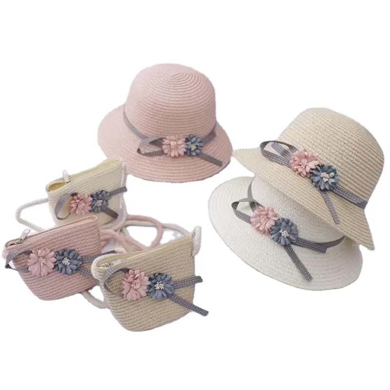 wholesale summer beach Girls Children Beach Hats Bag Flower Tote Handbag Bags straw hat set kids straw hat with bag