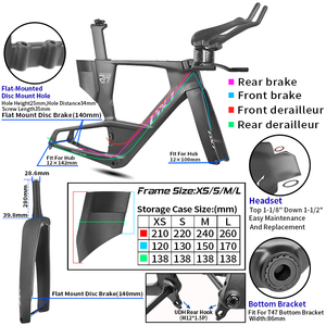 Cadre de triathlon en carbone BXT Triathlon-219 ultra-léger T1000, hydratation Di2, 1650g/790g, barres de repos réglables 321/361mm, couleur personnalisée - Product Image 4
