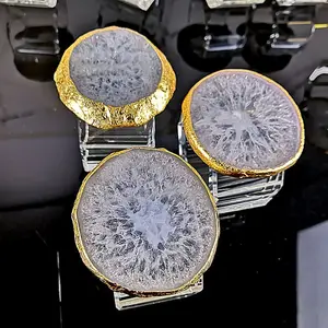 Custom LOGO natural crystal white agate geode slice gold rim napkin ring pink crystals rings for wedding restaurant gift box