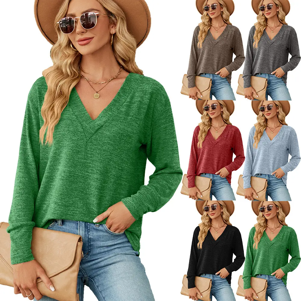 Hauts à manches longues pour femmes Dressy Pleated V Neck Tunic Blouses Casual Loose Shirts