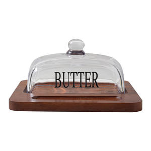 Plato de madera para mantequilla con tapa de <span class=keywords><strong>cristal</strong></span> y cuchillo, tabla para servir queso con espátula, plato cubierto para exhibir postres y repostería - Product Image 5