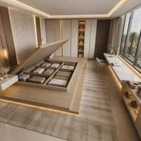 Lit plateforme tatami sur mesure de luxe moderne de Dubaï avec armoire en laiton champagne intégrée pour suite parentale