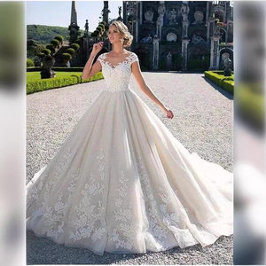 Vestido <span class=keywords><strong>de</strong></span> Novia <span class=keywords><strong>de</strong></span> Alta Costura S2061Y Estilo Castillo Español, Elegante Vestido <span class=keywords><strong>de</strong></span> Novia con Mangas Cortas y Bordado <span class=keywords><strong>de</strong></span> Encaje - Product Image 1