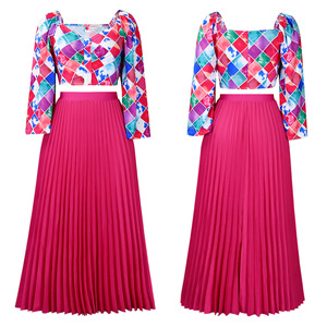 ชุดเซ็ต 2 ชิ้น เสื้อคอวีพิมพ์ลาย กระโปรงยาวจีบ สำหรับผู้หญิงแอฟริกัน แฟชั่น - Product Image 4