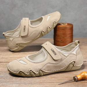 Chaussures de sport d'été tendance pour femmes, en cuir véritable, décontractées, avec fermeture velcro sur le dessus, chaussures simples en couleur unie - Product Image 4