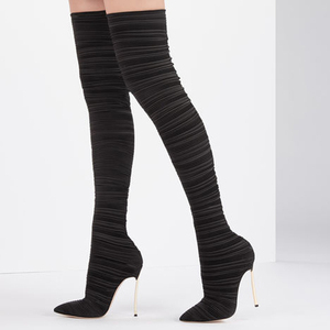 Bottines sexy en satin rouge extensible pour femmes, talons aiguilles métalliques, bottes longues au-dessus du genou, bottes pointues pour femmes, bottes hautes jusqu'à la cuisse - Product Image 5