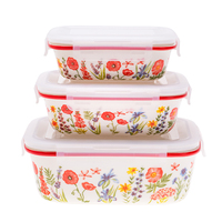 Ensemble de petits bols en céramique de style classique moderne avec couvercle en plastique motif végétal rond sous technique émaillée Assiette durable